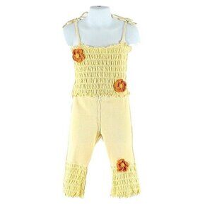 CC Clothing 24 Mo Yellow Orange Crocheted Flowers Cotton 2 Piece Pant Set